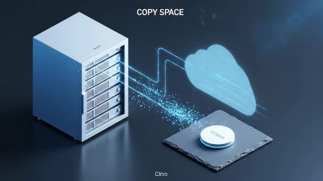 Digital Transformation - Cloud Migration: Isometric bridge of dotted lines carries workloads from brandless servers to a soft cloud object as a gloved tap cues calm flow.