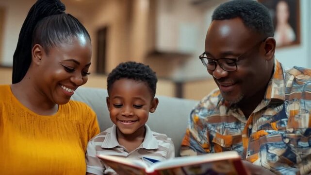 Family reading book at home; heartwarming; fostering literacy; perfect for educational content; suitable for family-focused media