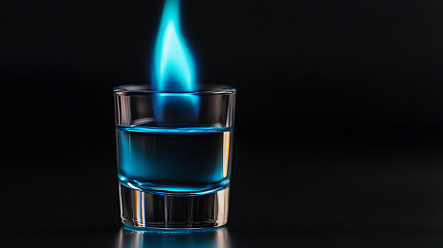 A mesmerizing shot of a glass filled with a vibrant blue liquid, topped with a captivating blue flame, set against a dark backdrop. Drink responsibly!
