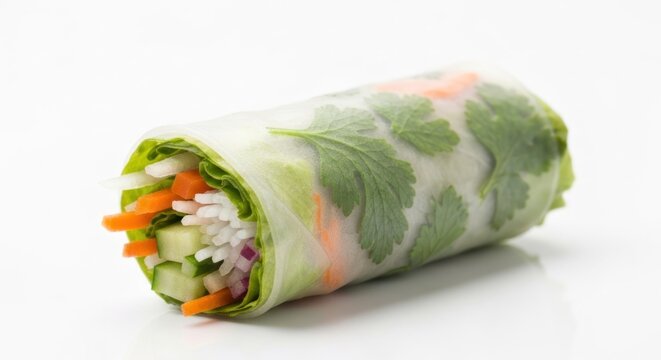 Close-up of fresh spring roll with colorful vegetables inside