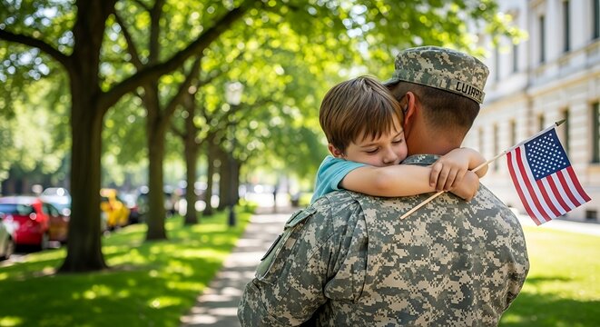 A soldier returns home to embrace his son, celebrating the spirit of Veterans Day and the reunion of families
