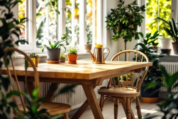 Obraz premium Cozy indoor dining area with wooden table, chairs, and plants, near a bright window