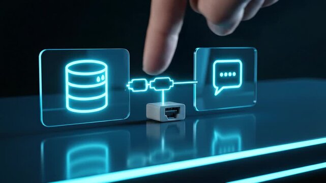 Digital Transformation - API-First Integration: Database and messaging cards snap to a neutral connector block; a neon link trace lights end-to-end and holds steady.