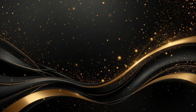 Stunning black and gold abstract background with flowing waves and sparkling particles, perfect for luxury and celebration themes