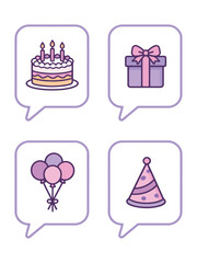 Birthday Party and Celebration Icons in Purple Speech Bubbles Set