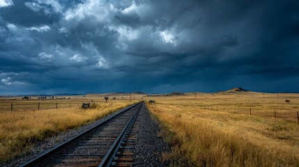 Obraz premium Train tracks through stormy landscape