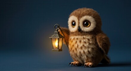 Obraz premium Cute owl character holds a glowing lantern in its wing.