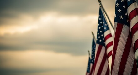 American flags stand tall against a dramatic, cloudy sky, symbolizing national pride, freedom, and remembrance, perfect for commemorating Veterans Day and honoring those who served copy space empty
