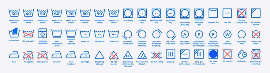 Editable vector set of laundry icons. Clean and simple symbols for washing, drying, ironing, bleaching and clothing care. Perfect for labels, packaging, instructions and household design.