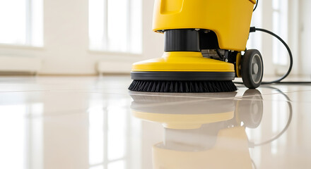 Fototapeta premium Yellow floor scrubber cleaning tile flooring in a bright, airy room, maintaining cleanliness and hygiene.