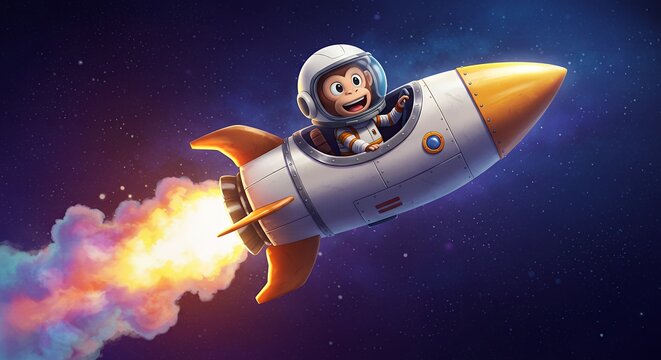Cartoon monkey astronaut in a rocket ship soaring through a star filled night sky