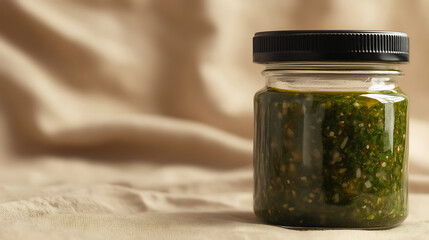 Jar of homemade green pesto or sauce, preserved for later use. Fresh ingredients preserved in oil, showcased on a neutral fabric background.