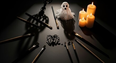 Mysterious Halloween Objects Arranged Artistically With Flickering Candles