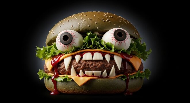 Spooky Halloween Burger With Fiery Guts and Wide Eyes Perfect for a Scary Feast