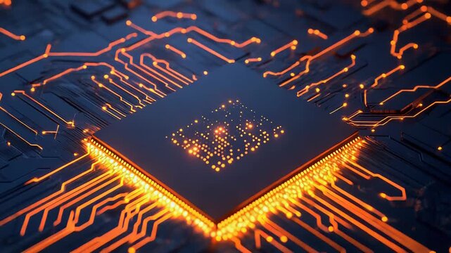 Computer chip processing data on circuit board with glowing lines