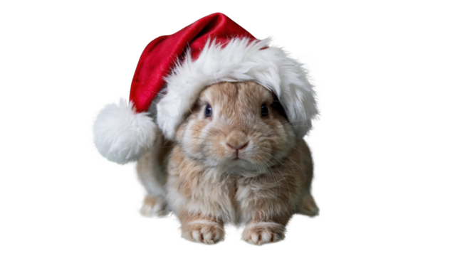Cute fluffy lop eared rabbit wearing a red and white santa hat isolated on transparent background