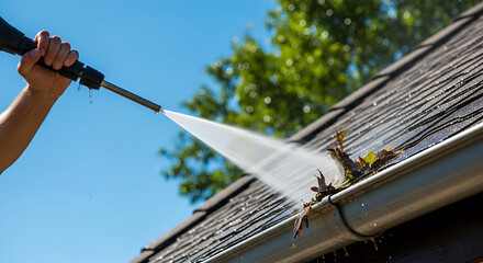 Hand using pressure washer to clean out clogged gutters full of leaves and debris on a house with shingles under a blue sky.