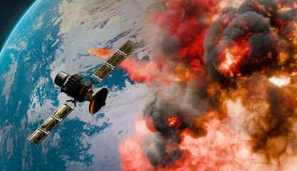 Satellite in Space passing planet on fire, 3D animation