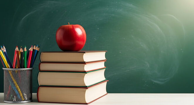 Red apple sitting on top of a stack of books near colored pencils in front of a green chalkboard.