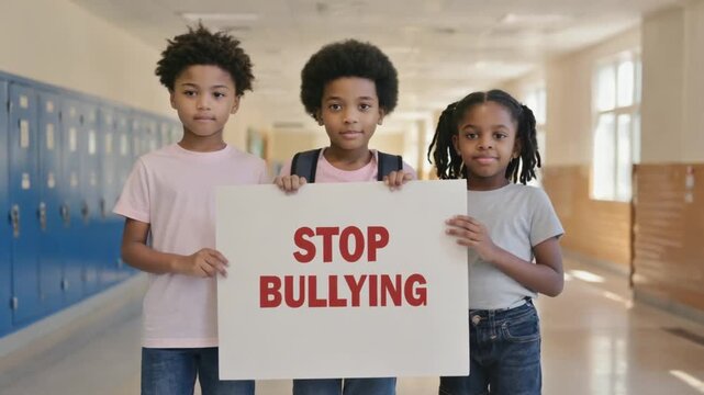 Children with a stop bullying banner at school.