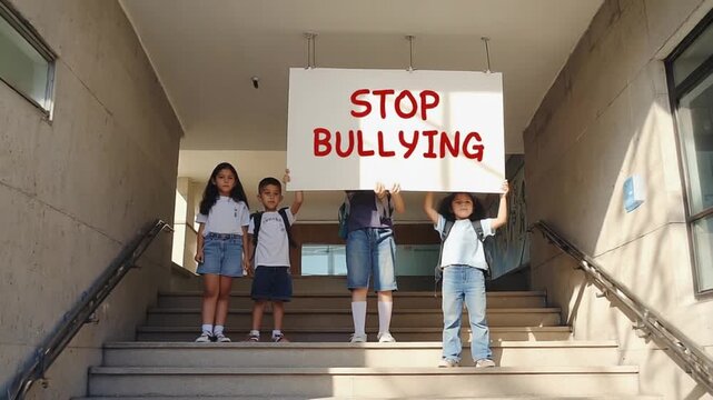 Children with a stop bullying banner at school.