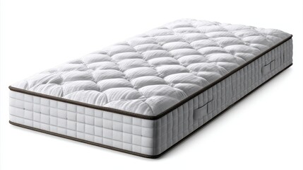 Obraz premium A detailed studio shot of a white orthopedic mattress featuring a quilted top surface and textured grey sides, presented in isolation against a clean white background.