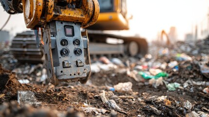 Closeup of autonomous machine sensors scanning landfill terrain differentiating recyclable items from general refuse for sustainable reuse.