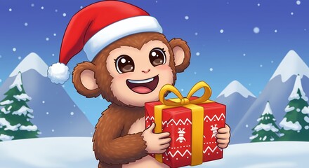 Cartoon monkey in santa hat holding a gift box against winter background