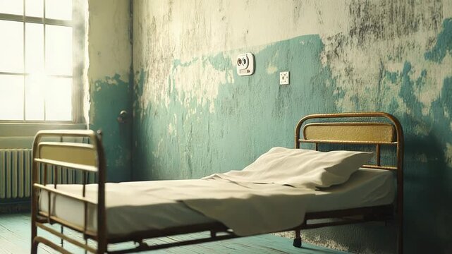 Empty bed in abandoned decaying asylum room