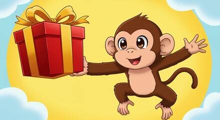 Cartoon monkey offering a gift with a yellow background