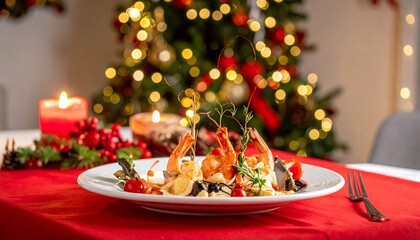 Festive pasta dish with shrimp and vegetables, Christmas background