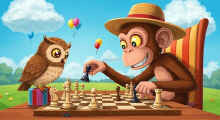 Cartoon monkey playing chess with owl on checkered board under blue sky with balloons