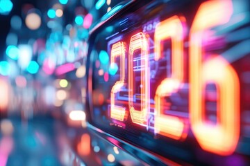 Festive new year celebration with digital countdown display for 2026