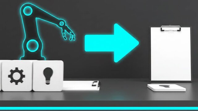 Digital Transformation - RPA Handoff: Bot IN tray meets human OUT tray mid-motion; a rotating handoff arrow collapses to a success dot that lingers.