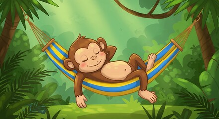 Cartoon monkey relaxing in a hammock under tree canopy illustration