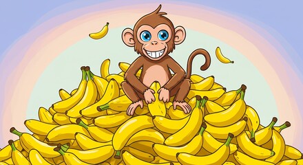 Cartoon monkey sitting on a pile of yellow bananas with a rainbow background