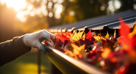 Person in gloves removes colorful autumn leaves from a metal gutter in the sunlight.