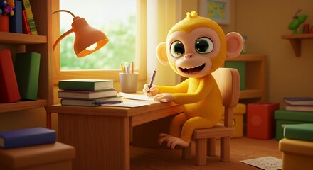 Cartoon monkey studying at desk under bright sunlight