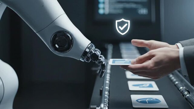 Digital Transformation - RPA Handoff: Chrome gripper passes a document tile to a human clipboard; a shield-check appears on contact and the conveyor hums on.