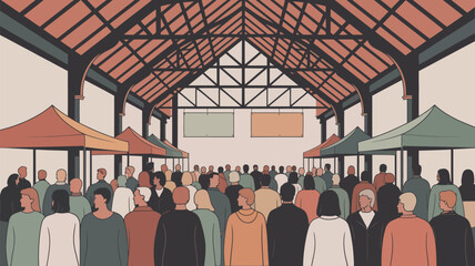 A crowd of people gathered under a large structure with tents and hanging signs at a public event space