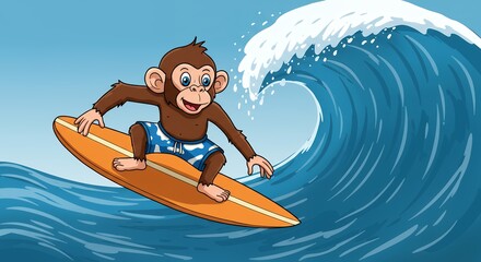 Cartoon monkey surfing on ocean wave with surfboard illustration