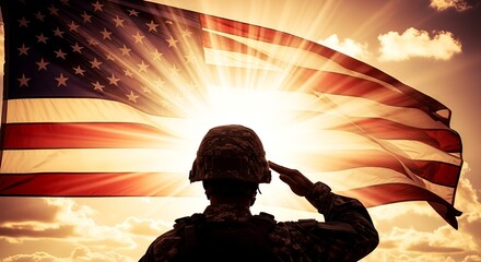 A powerful image of a soldier saluting the American flag against a radiant sunburst, symbolizing profound patriotism, honor, and gratitude for military service on Veterans Day. copy space empty 