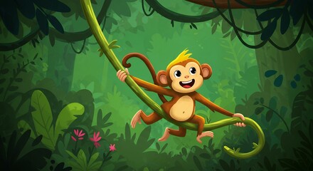 Cartoon monkey swinging on vine in lush green jungle illustration