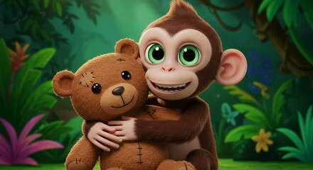 Cartoon monkey with teddy bear in lush green jungle background
