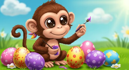 Cheerful cartoon monkey painting colorful easter eggs outdoors on a sunny day