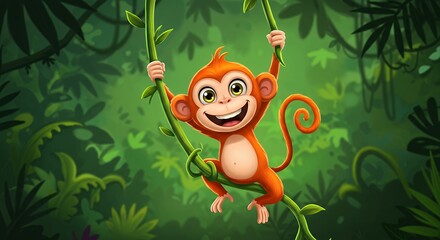 Cheerful animated monkey swinging through lush jungle foliage cartoon illustration