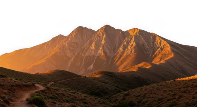 Majestic mountain range bathed in the warm golden light of sunset, with a winding dirt path in the foreground isolated on transparent background