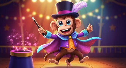 Magician monkey performing magical tricks circus entertainment illustration