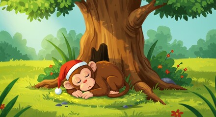 Sleeping monkey under tree with red santa hat in cartoon illustration