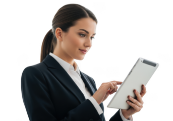 Professional businesswoman confidently examining tablet device for important data analysis isolated on transparent background